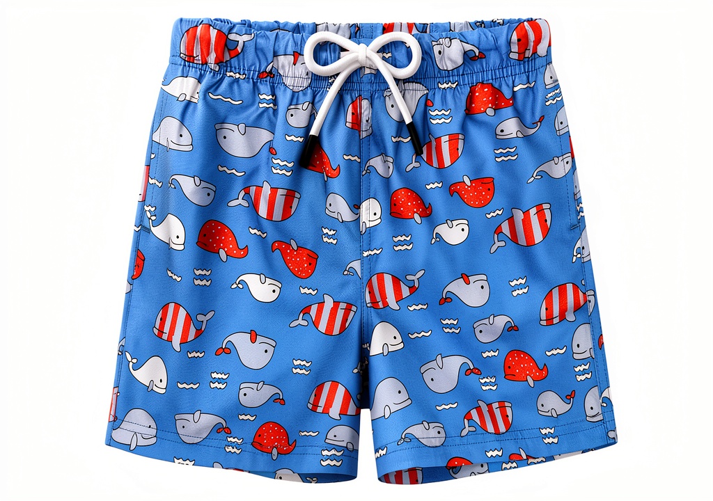 Toddler wearing swim trunks at the beach