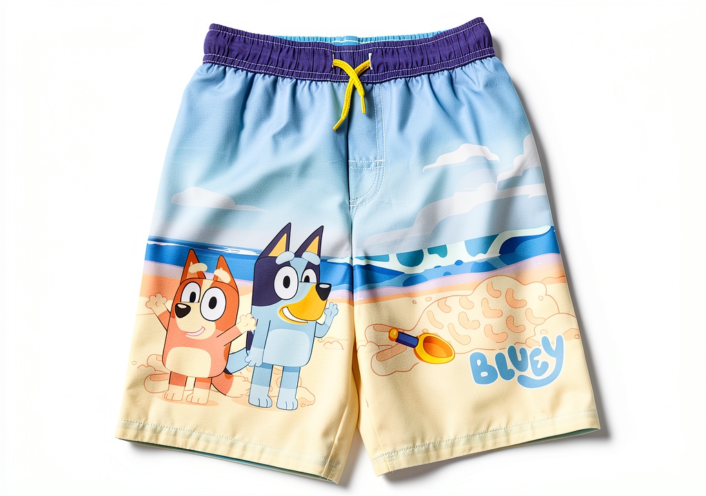 Bluey Boys Swim Trunks UPF 50+ being worn during pool play showing character design and fit