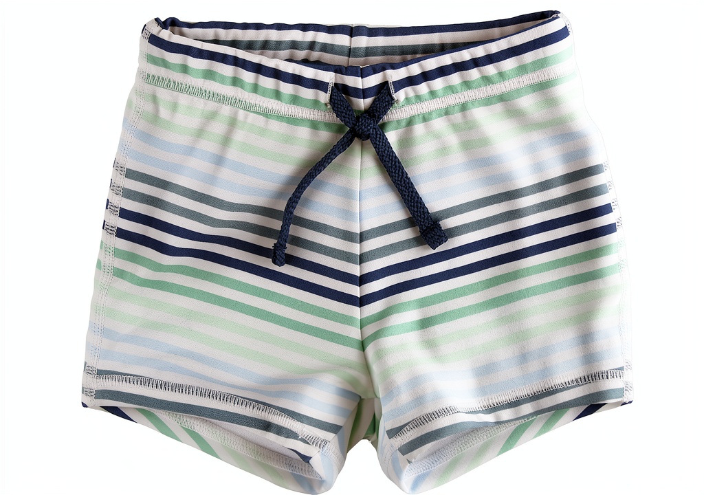 RuggedButts baby boys swim trunks in Island Blue color on a sandy beach