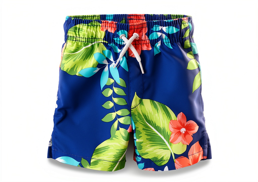 Baby boy wearing Cool Cobalt Hawaiian swim trunks at the beach