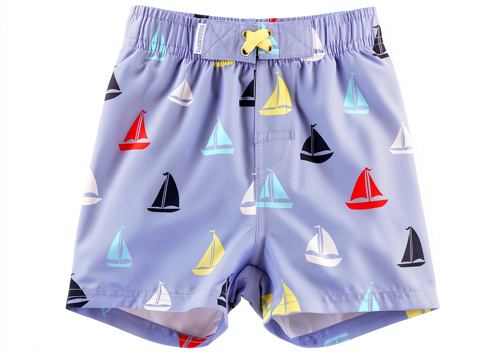 RuggedButts Boys Swim Trunks UPF 50 Sun Protection laid out on a wooden beach towel with a sandcastle in the background