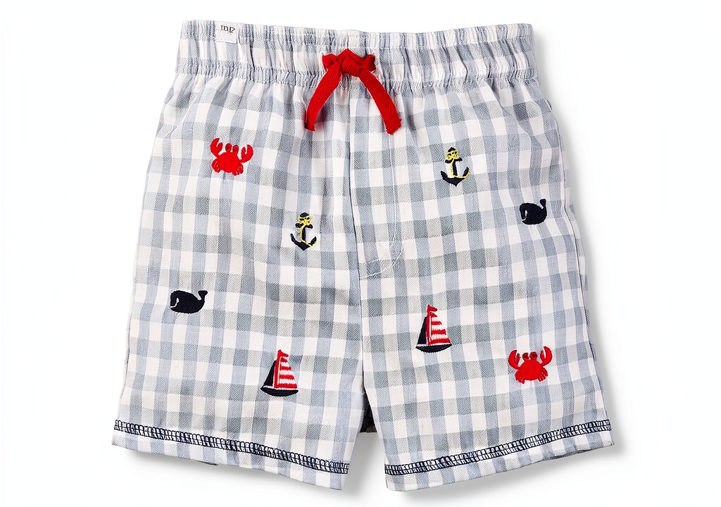Boys wearing Mud Pie Nautical Swim Trunks at the beach