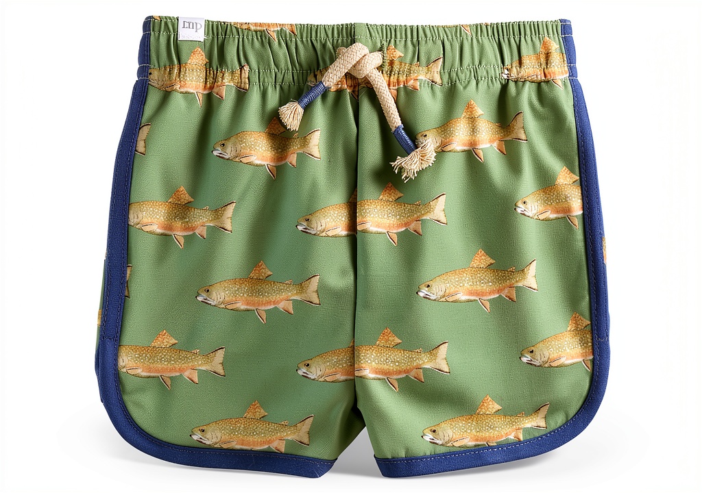 Baby boy wearing peached nylon swim trunks at the beach