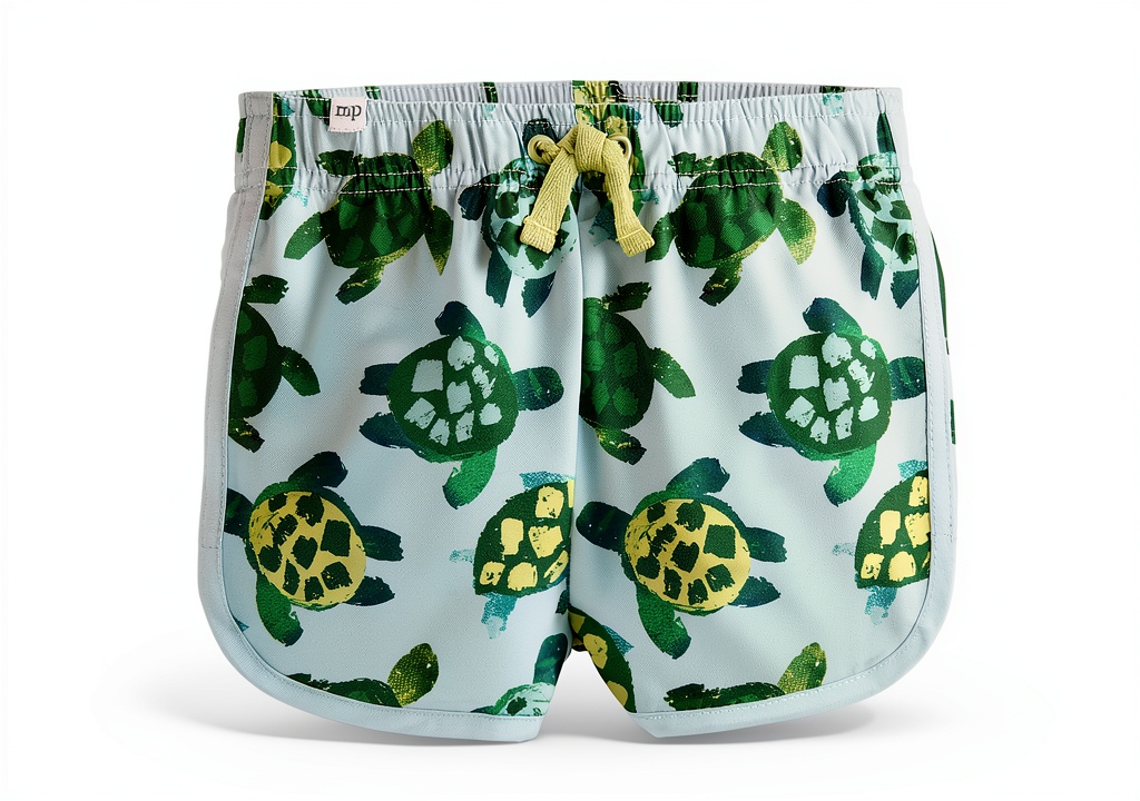 Mud Pie baby boys swim trunks in Shark color on a beach background