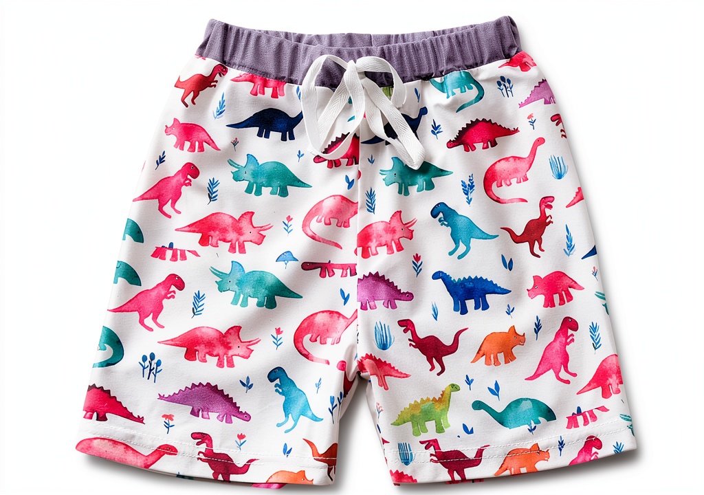 Baby boy wearing dinosaur print swim trunks at the beach