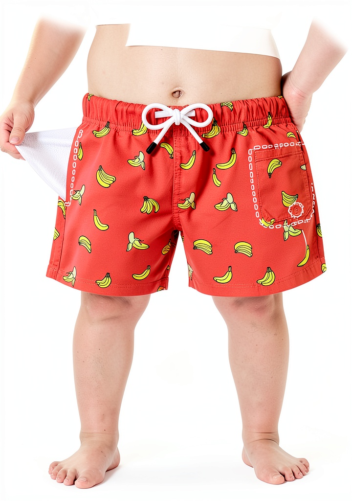 Toddler wearing swim trunks at the beach, showing quick-drying fabric and adjustable waistband