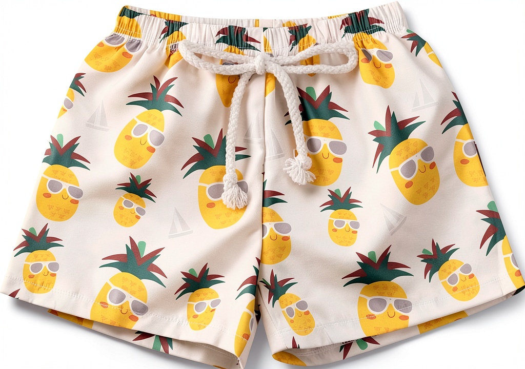 Baby boy wearing tropical print swim trunks at the beach
